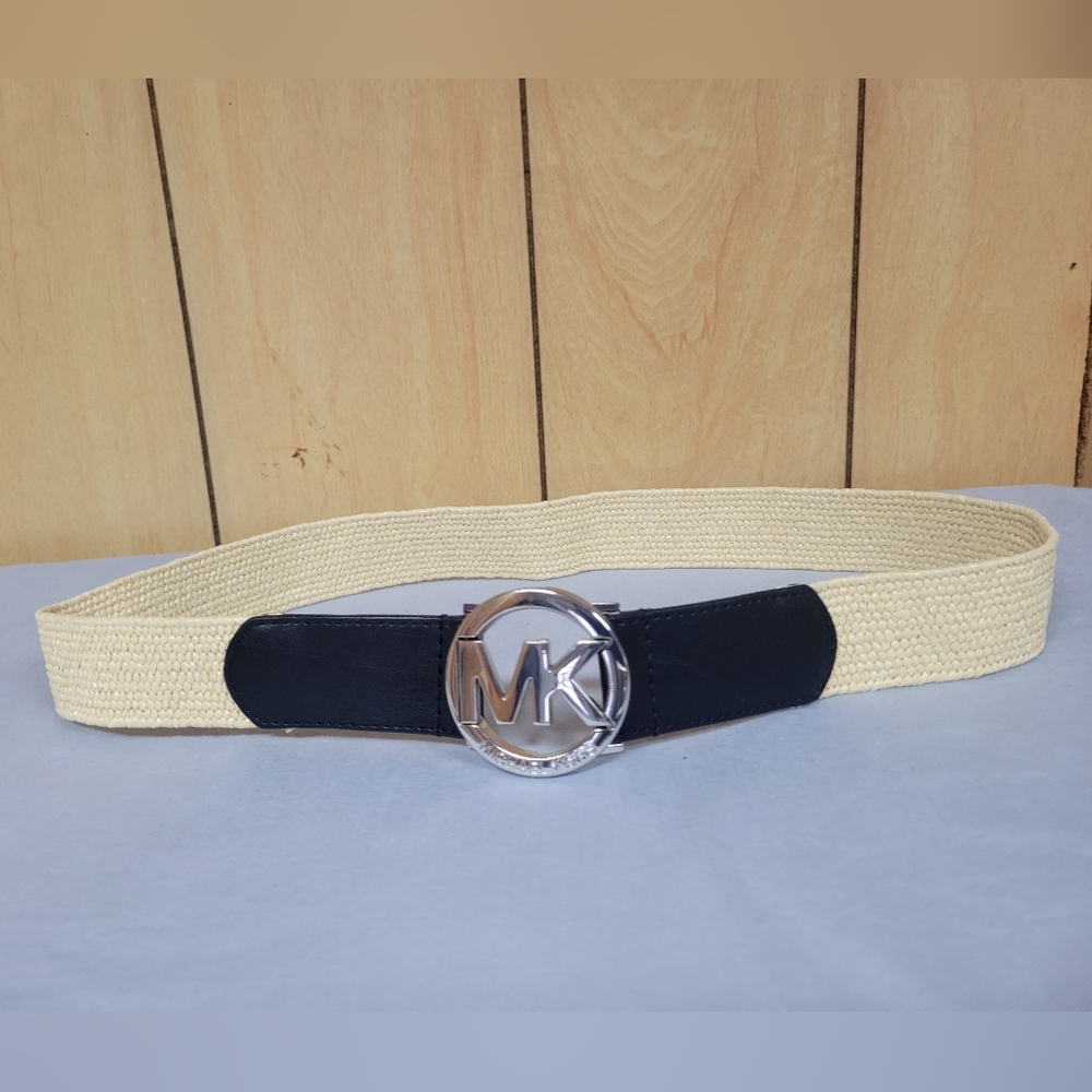 Michael Kors Woven Straw and Leather Stretch Belt